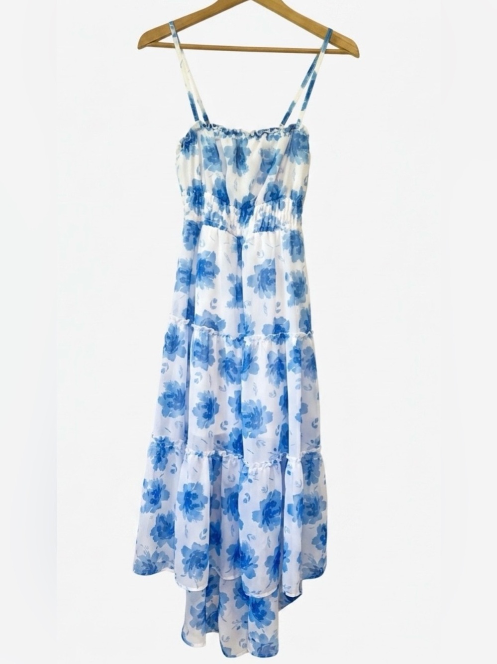Blue White Floral Tiered Flounce Maxi Dress M Feminine Fairy Prairie Cottagecore